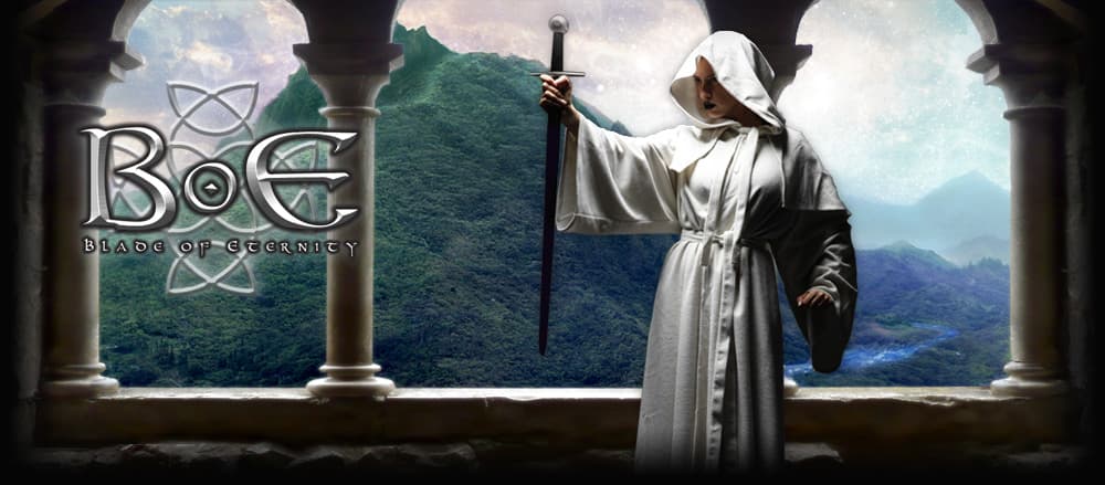 Hooded figure with sword overlooking mountain kingdom